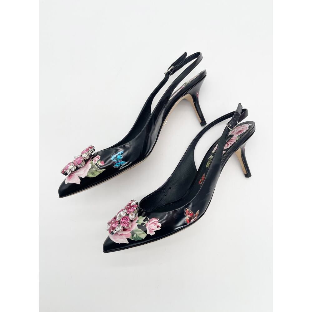Dolce & Gabbana Black Rose Butterfly Crystal Pointed Toe Slingback Heels IT 40 - Picture 6 of 16